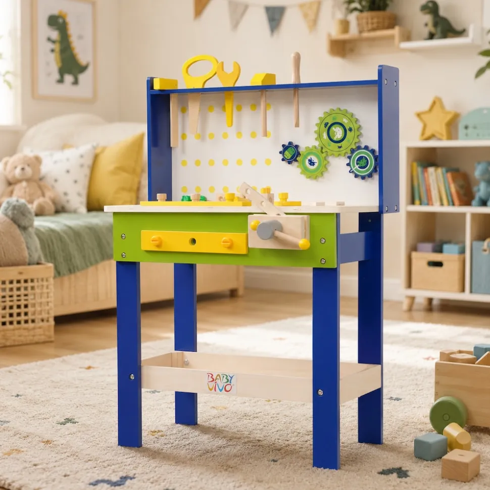 Baby Vivo Spielwerkbank / Werkbank für Kinder aus Holz - Luigi mit drehbaren Zahnrädern und 29 Teilen Zubehör