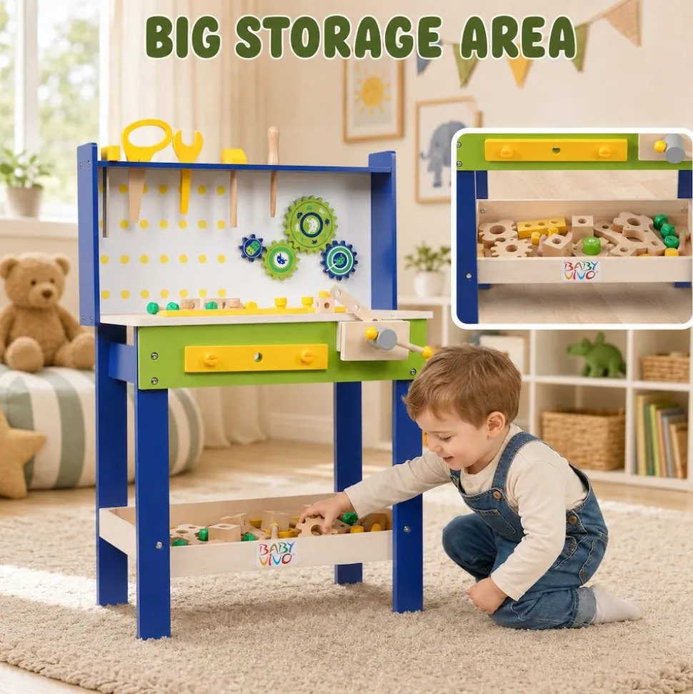 Baby Vivo Spielwerkbank / Werkbank für Kinder aus Holz - Luigi mit drehbaren Zahnrädern und 29 Teilen Zubehör