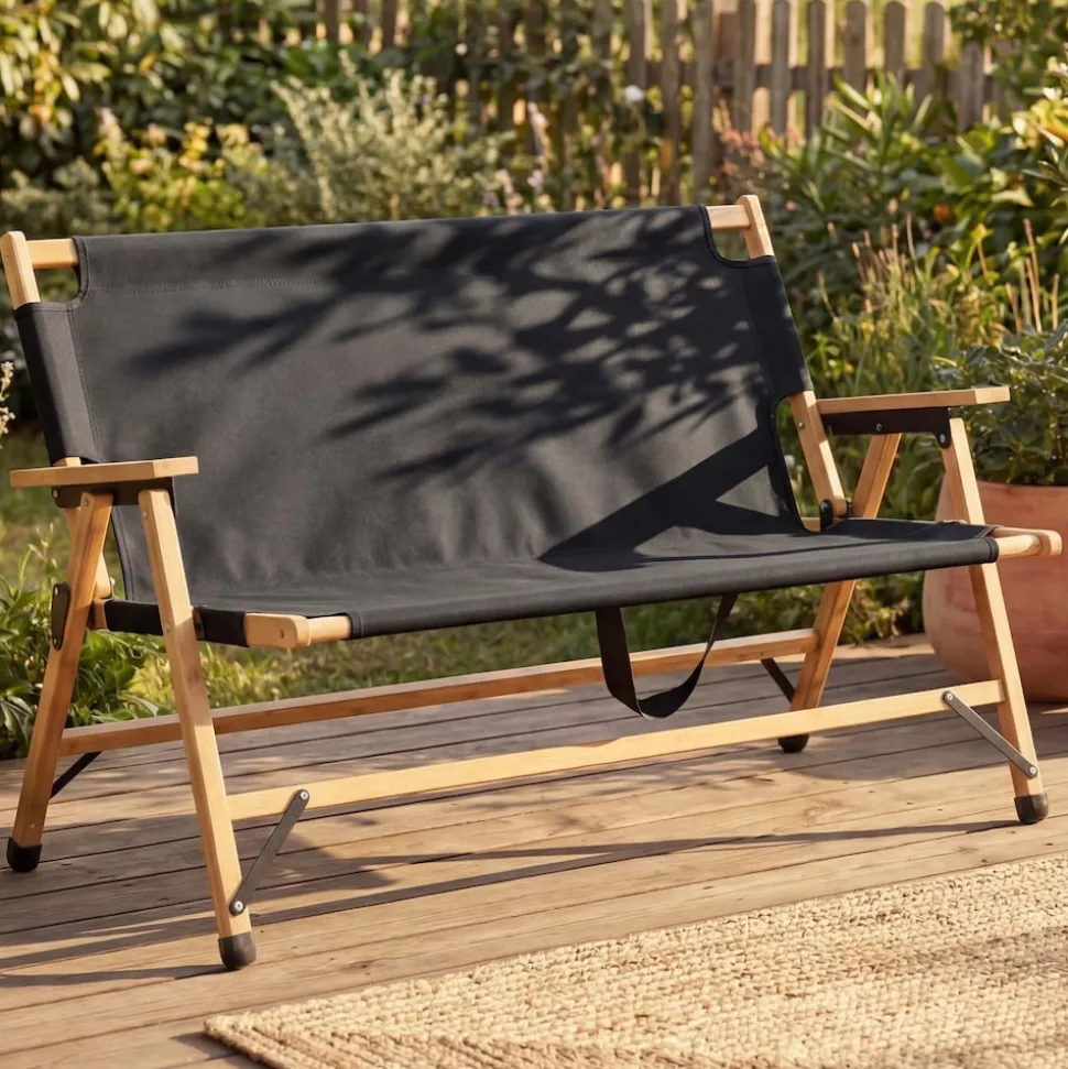 Bambus Campingbank MCW-Q40, Outdoorbank Picknickbank Gartenbank, klappbar Tragegriff Stoff/Textil 117cm ~ schwarz