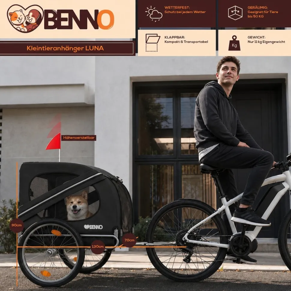 BENNO® Hundefahrradanhänger LUNA Kleintierfahrradanhänger Buggy faltbar, schwarz