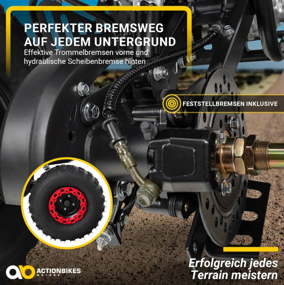 Benzin-Jugend-Quad S-10, 125ccm, ATV, Gepäckträger, Not-Aus-Leine, Halbautomatik, Scheibenbremse (Metallic/Rot)