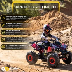 Benzin-Jugend-Quad S-10, 125ccm, ATV, Gepäckträger, Not-Aus-Leine, Halbautomatik, Scheibenbremse (Metallic/Rot)