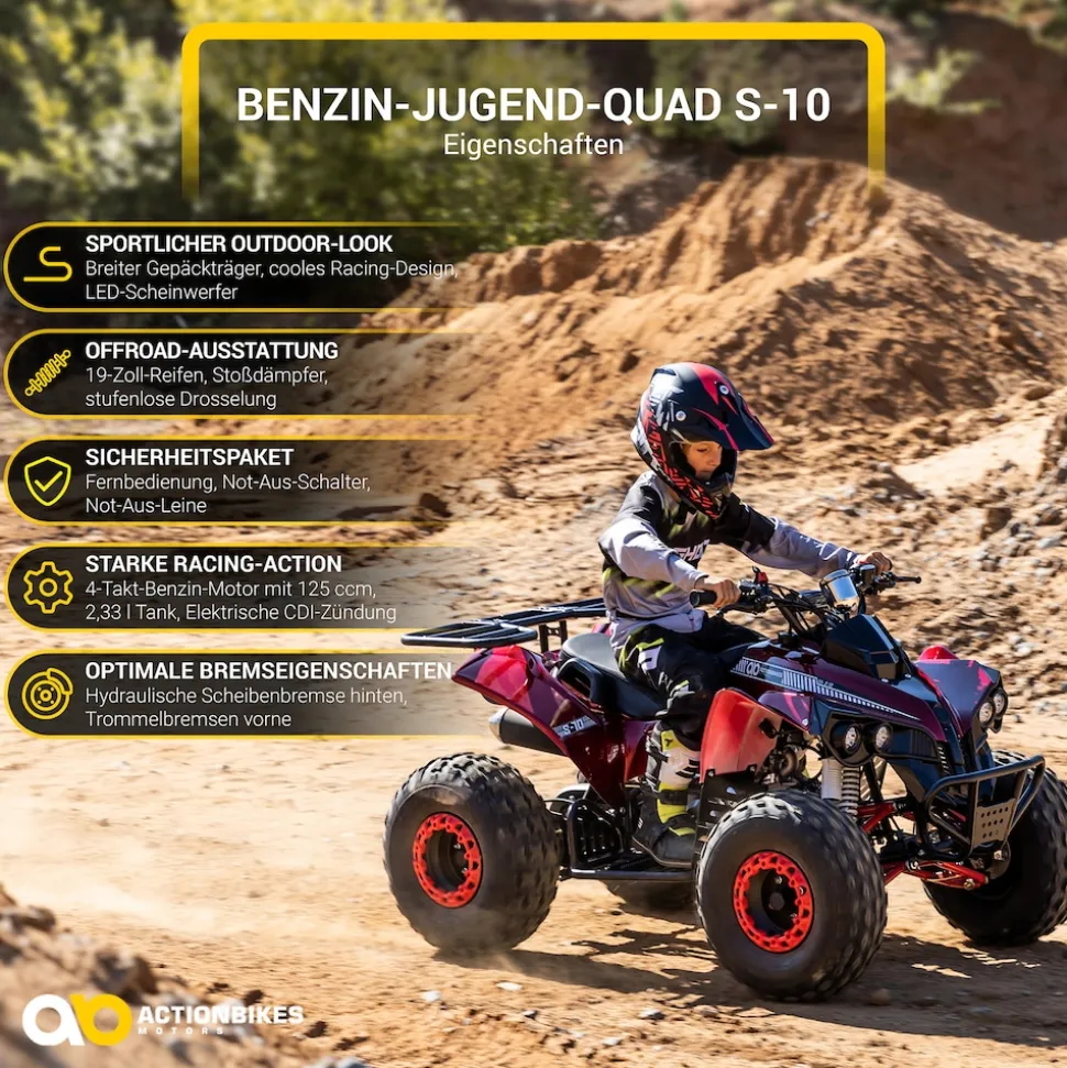 Benzin-Jugend-Quad S-10, 125ccm, ATV, Gepäckträger, Not-Aus-Leine, Halbautomatik, Scheibenbremse (Metallic/Rot)