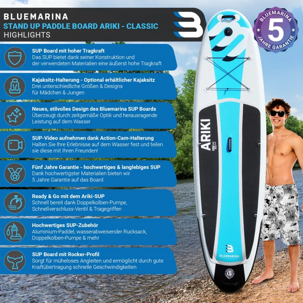 Bluemarina SUP Board Ariki, Stand Up Paddle aufblasbar mit Paddel, Pumpe, Rucksack, 5J Garantie (Classic 2.0, 325x86x16,5cm / 10'8")