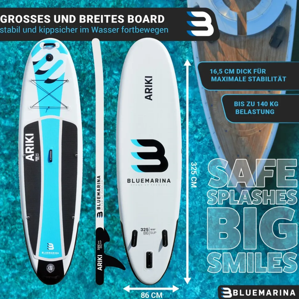 Bluemarina SUP Board Ariki, Stand Up Paddle aufblasbar mit Paddel, Pumpe, Rucksack, 5J Garantie (Classic 2.0, 325x86x16,5cm / 10'8")