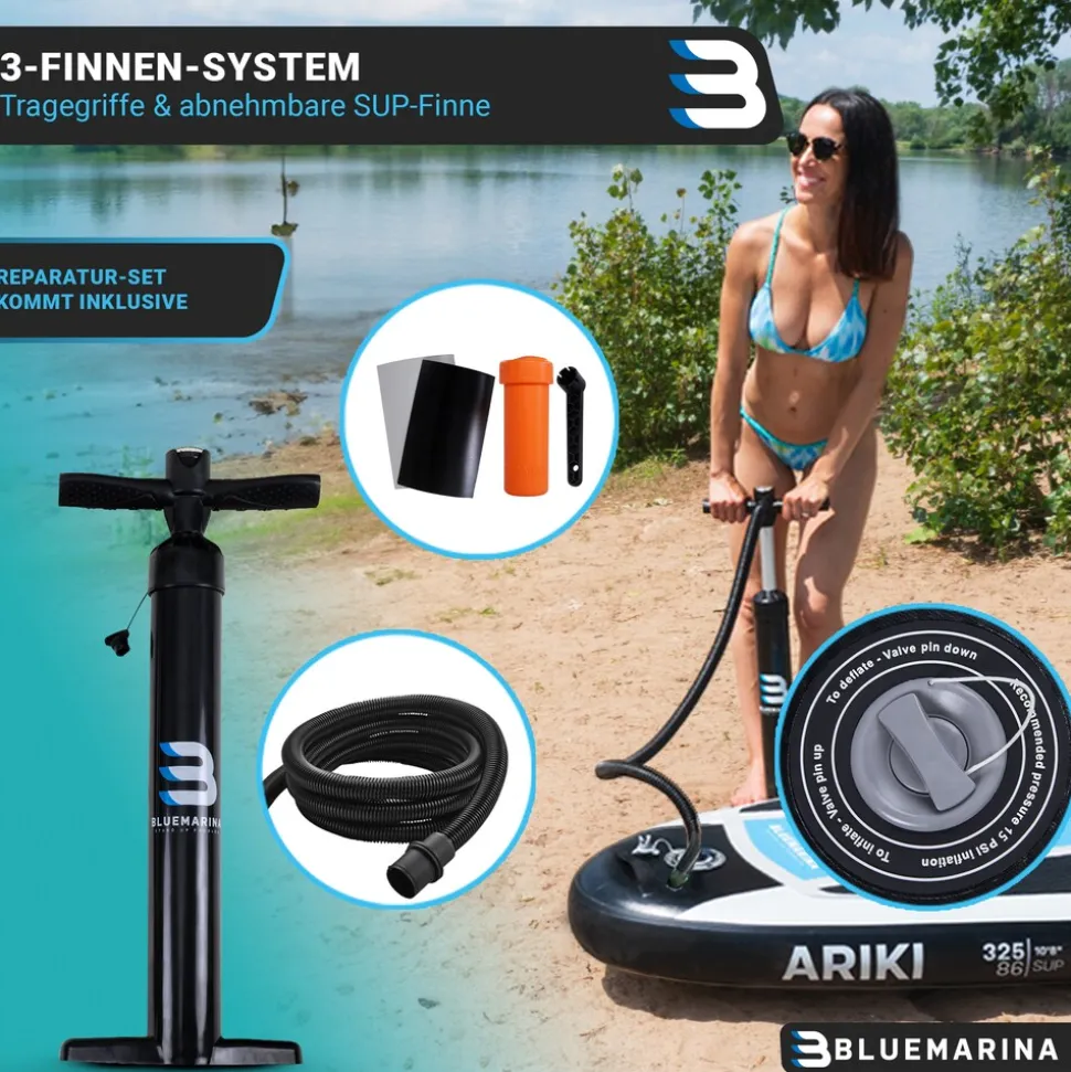 Bluemarina SUP Board Ariki, Stand Up Paddle aufblasbar mit Paddel, Pumpe, Rucksack, 5J Garantie (Classic 2.0, 325x86x16,5cm / 10'8")