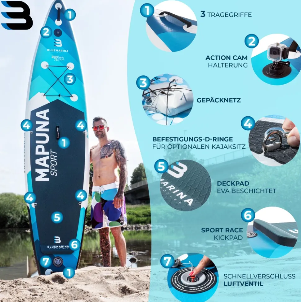 Bluemarina SUP Board Mapuna Sport, Kickpad, Double Layer, Paddel, Pumpe, Rucksack, 5J Garantie