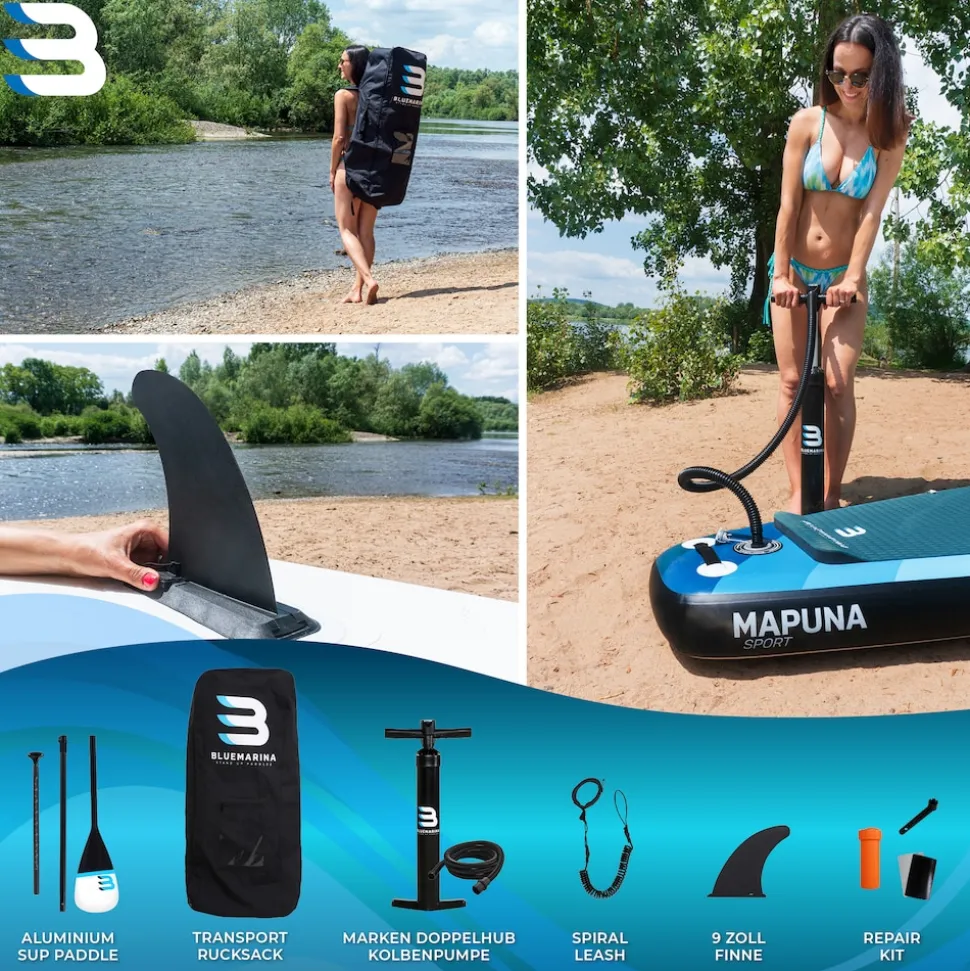 Bluemarina SUP Board Mapuna Sport, Kickpad, Double Layer, Paddel, Pumpe, Rucksack, 5J Garantie