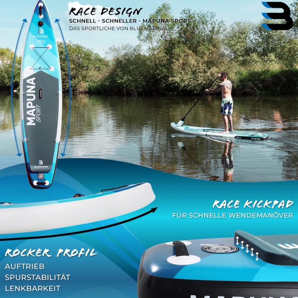 Bluemarina SUP Board Mapuna Sport, Kickpad, Double Layer, Paddel, Pumpe, Rucksack, 5J Garantie