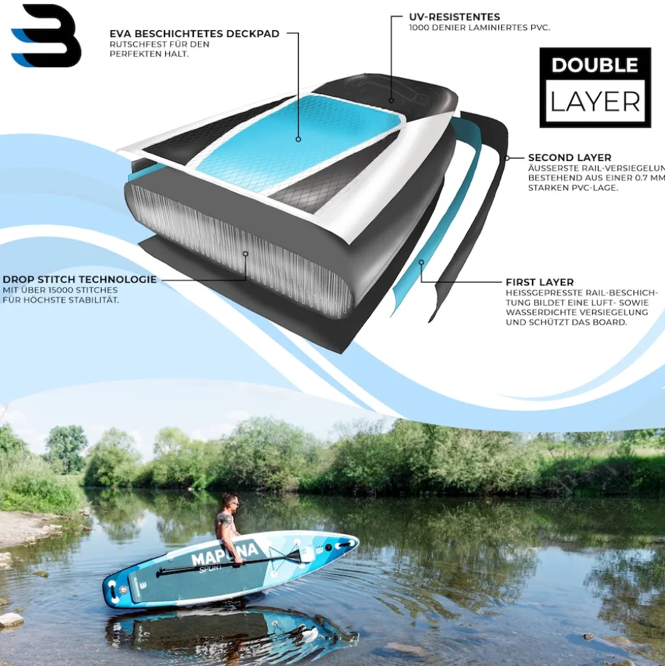 Bluemarina SUP Board Mapuna Sport, Kickpad, Double Layer, Paddel, Pumpe, Rucksack, 5J Garantie