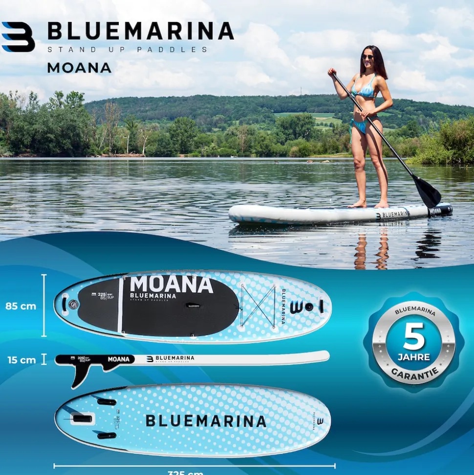 Bluemarina SUP Board Moana, aufblasbar mit Doppelkolben-Pumpe, Paddel, Rucksack, 5J Garantie (Classic 2.0, 325x86x15cm / 10'8")