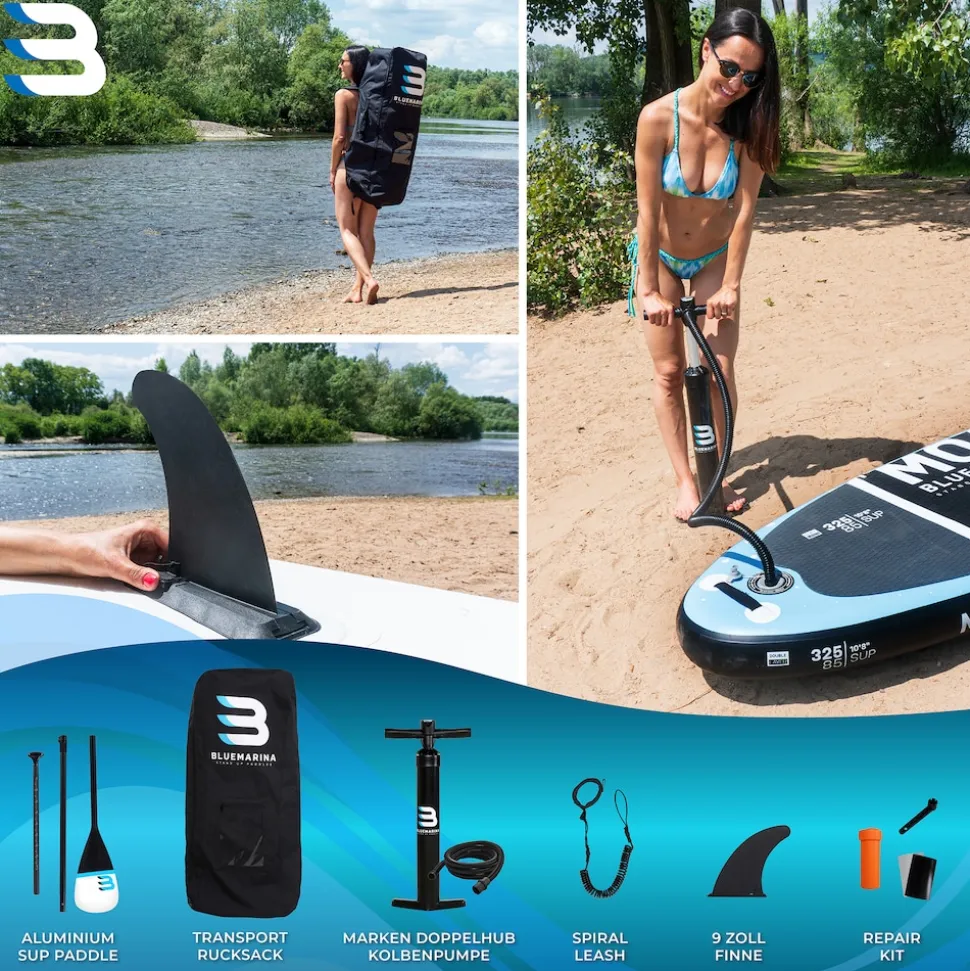 Bluemarina SUP Board Moana, aufblasbar mit Doppelkolben-Pumpe, Paddel, Rucksack, 5J Garantie (Classic 2.0, 325x86x15cm / 10'8")