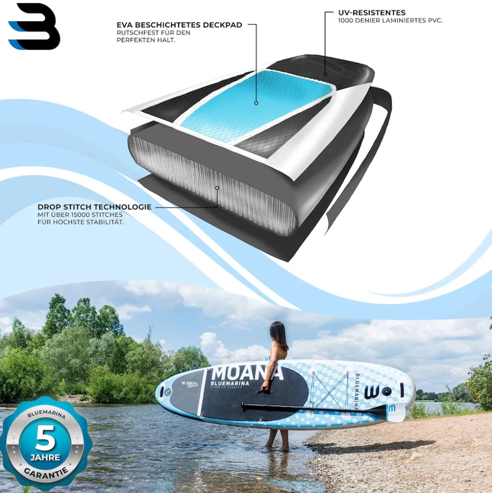 Bluemarina SUP Board Moana, aufblasbar mit Doppelkolben-Pumpe, Paddel, Rucksack, 5J Garantie (Classic 2.0, 325x86x15cm / 10'8")