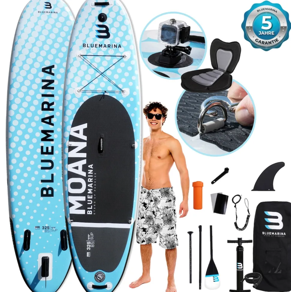 Bluemarina SUP Board Moana, aufblasbar mit Doppelkolben-Pumpe, Paddel, Rucksack, 5J Garantie (Classic 2.0, 325x86x15cm / 10'8")