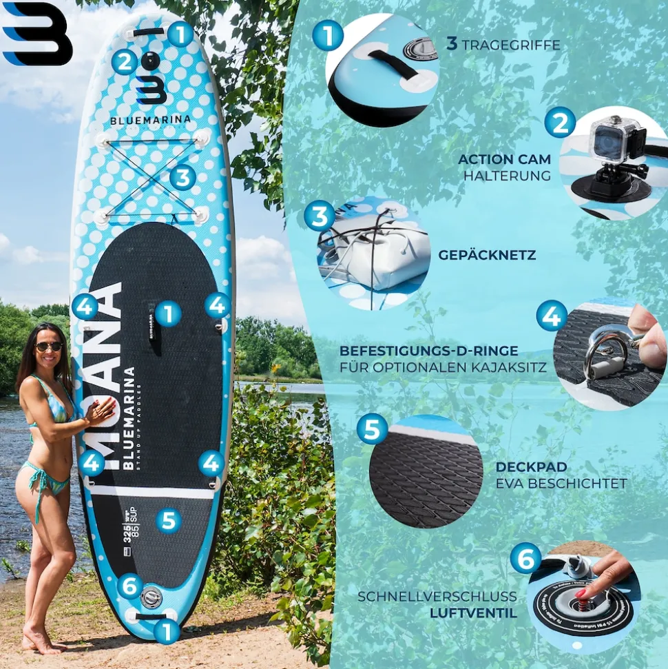Bluemarina SUP Board Moana, aufblasbar mit Doppelkolben-Pumpe, Paddel, Rucksack, 5J Garantie (Classic 2.0, 325x86x15cm / 10'8")