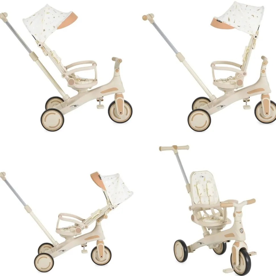 Byox Dreirad, Tricycle Juno 4 in 1 Laufrad Schiebegriff Sitzdrehung Sonnendach weiß beige