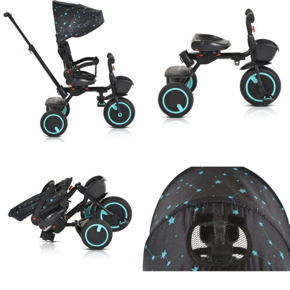 Byox Dreirad Tricycle Orion faltbar, PU-Reifen, drehbarer Sitz, Schiebestange türkis