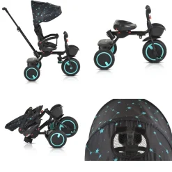 Byox Dreirad Tricycle Orion faltbar, PU-Reifen, drehbarer Sitz, Schiebestange türkis
