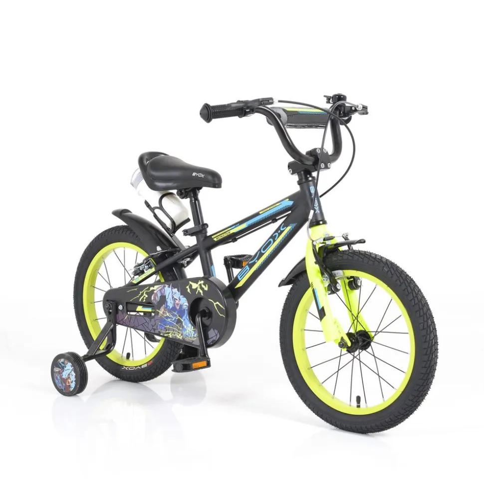 Byox Kinderfahrrad Monster 16 Zoll schwarz, Stützräder, Metall-Rahmen, Klingel