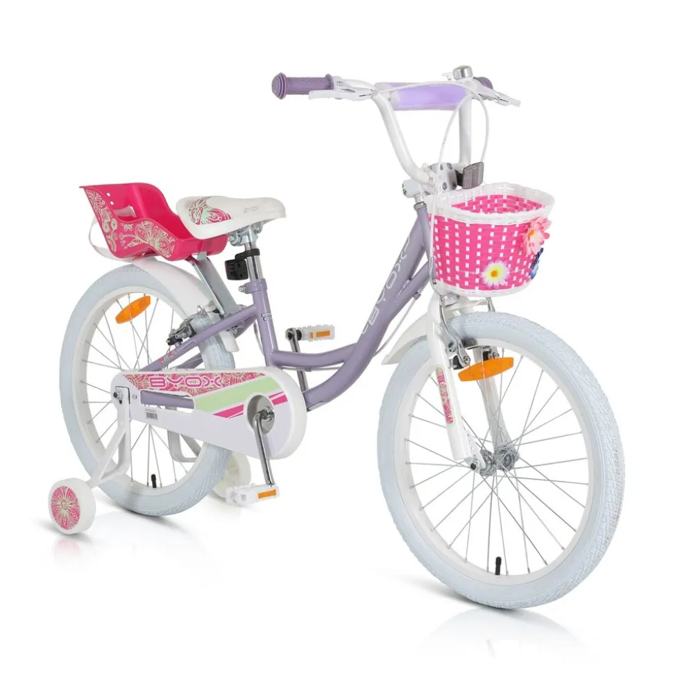 Byox Kinderfahrrad 20 Zoll Fashion Girl, Stützräder, Korb am Lenker, Puppensitz lila