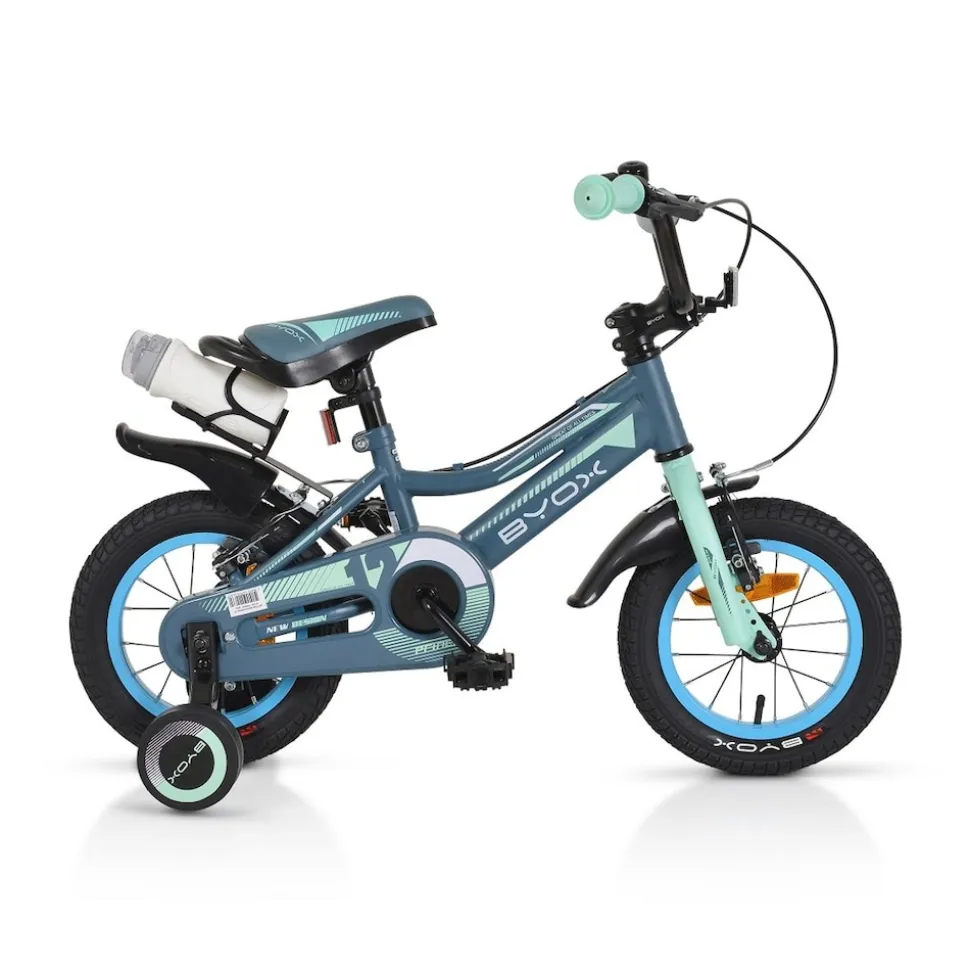 Byox Kinderfahrrad 12 Zoll Prince, sportliches Design, Stützräder, Kettenschutz grau-blau