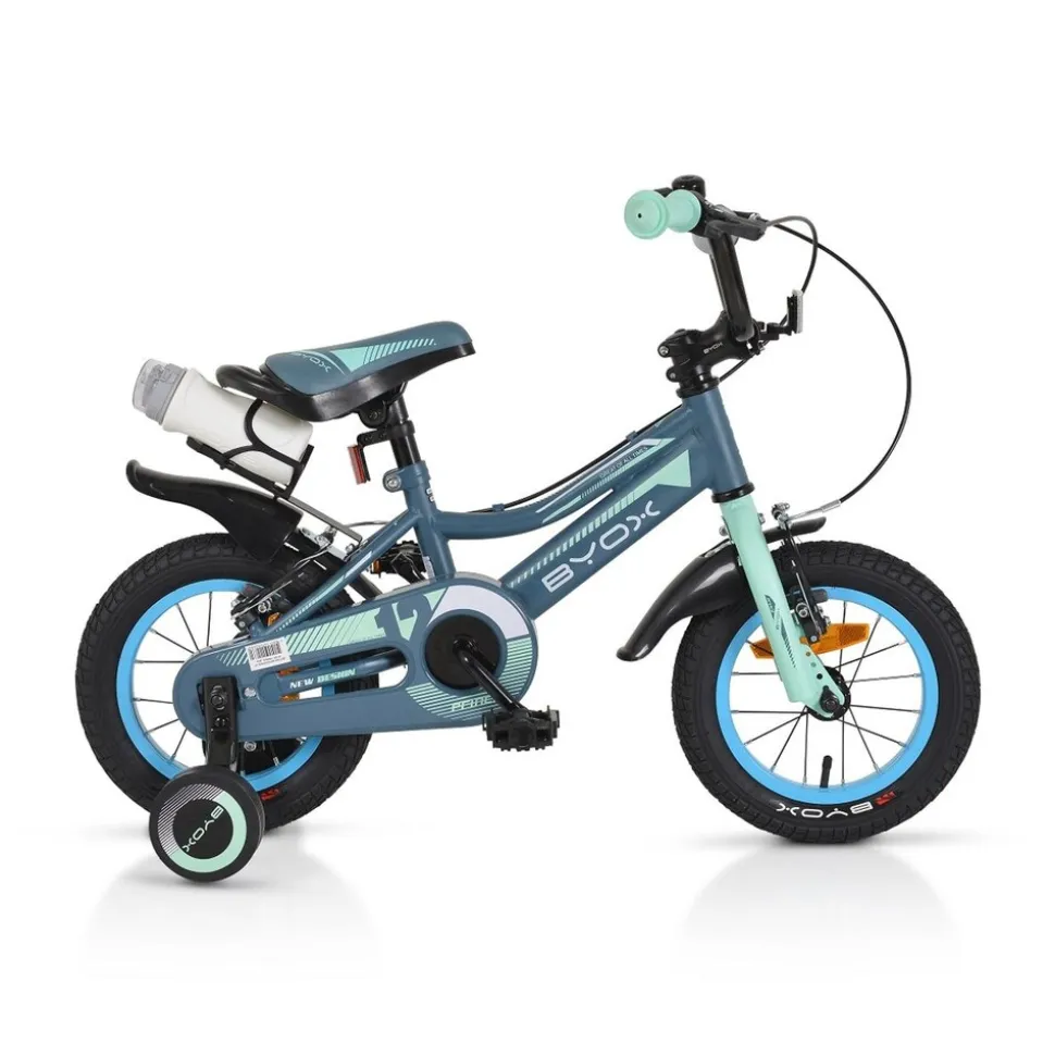 Byox Kinderfahrrad 12 Zoll Prince, sportliches Design, Stützräder, Kettenschutz grau-blau