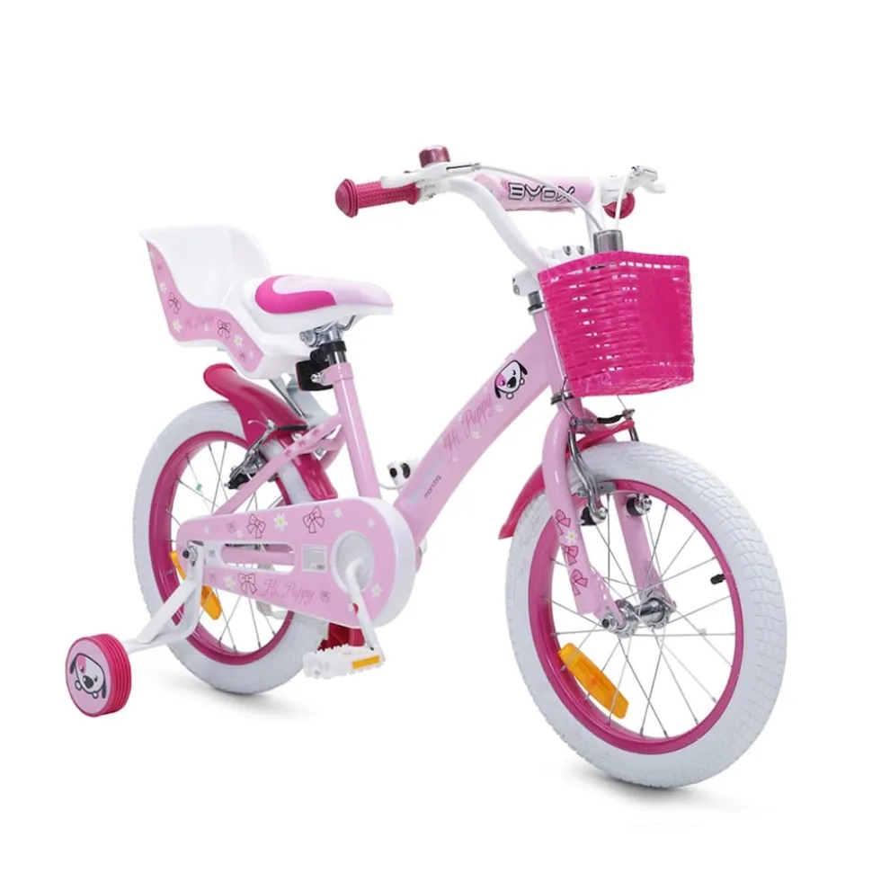 Byox Kinderfahrrad 16 Zoll Puppy rosa, Stützräder, Puppensitz, einstellbar