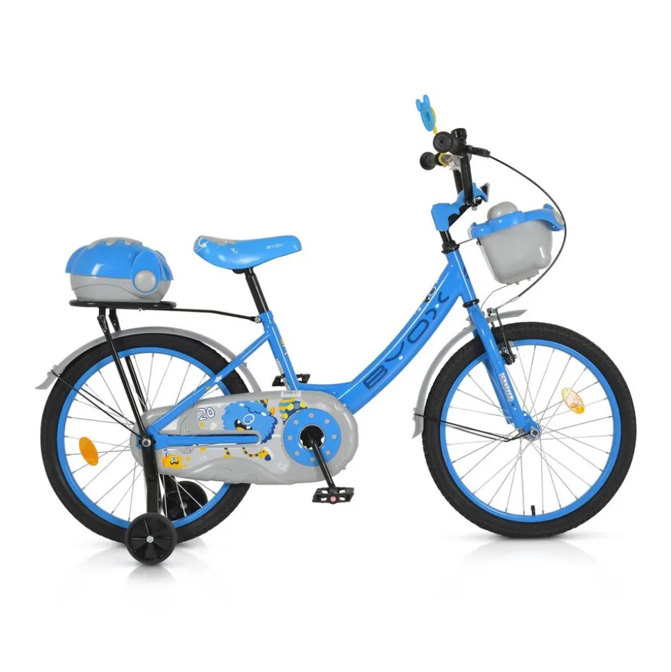 Byox Kinderfahrrad 20 Zoll 2002, Stützräder, Klingel, Höhe einstellbar, Körbe blau