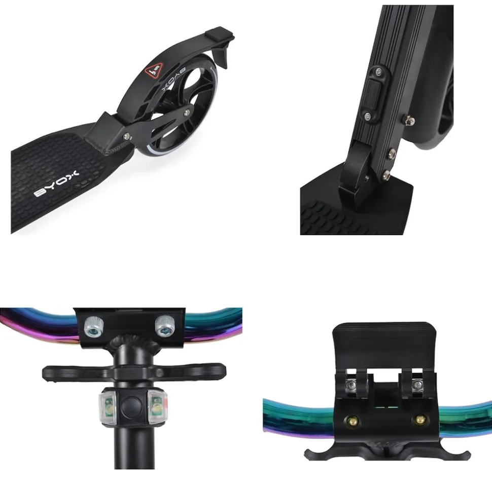 Byox Kinderroller Quick klappbar, Handbremse, Seitenständer, LED-Scheinwerfer schwarz