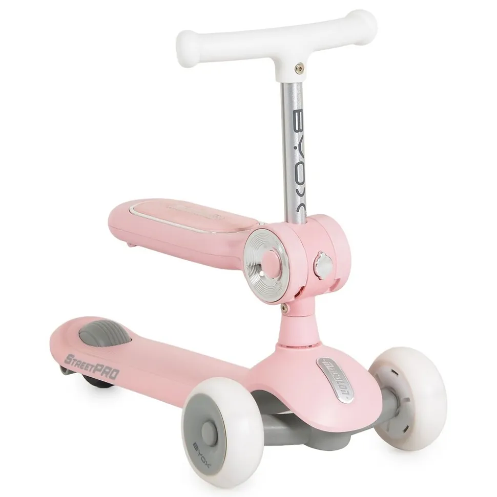Byox Kinderroller StreetPro 2in1 Laufrad PU-Rollen Musik Licht höhenverstellbar rosa