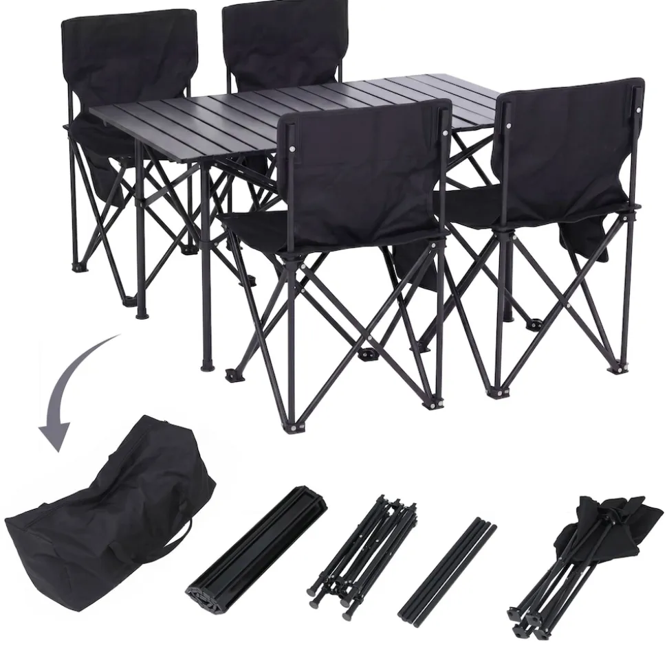 Campingset MCW-Q39, Tisch 4x Stuhl Klappstuhl Anglerstuhl faltbar, Metall Stoff ~ schwarz
