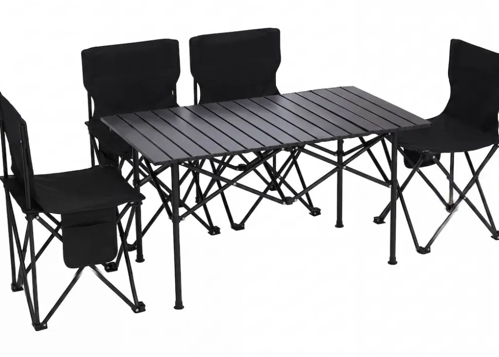 Campingset MCW-Q39, Tisch 4x Stuhl Klappstuhl Anglerstuhl faltbar, Metall Stoff ~ schwarz