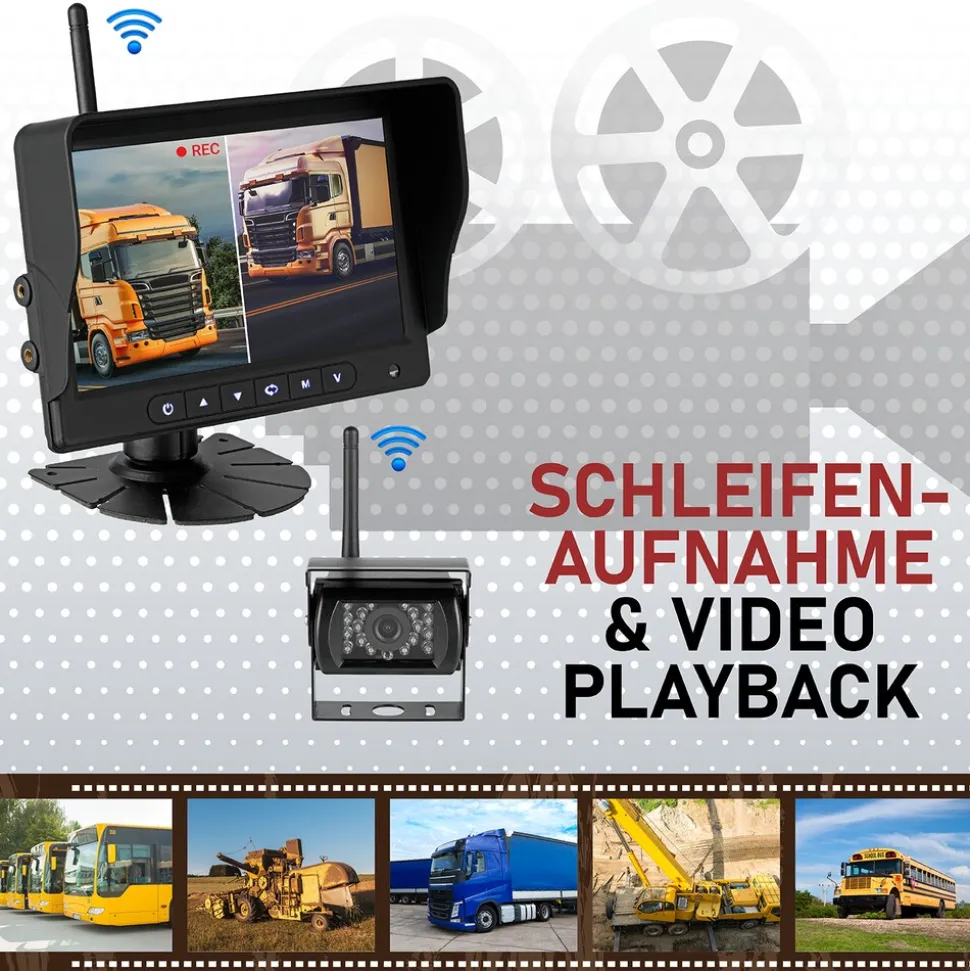 CARMATRIX AHD QUAD DVR 4 Kanal Funk Rückfahrsystem Digital Auto Wohnmobil Monitor mit Mikrofon (4 Kameras)