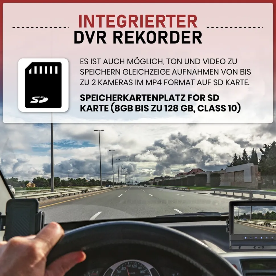 CARMATRIX AHD QUAD DVR 4 Kanal Funk Rückfahrsystem Digital Auto Wohnmobil Monitor mit Mikrofon (4 Kameras)