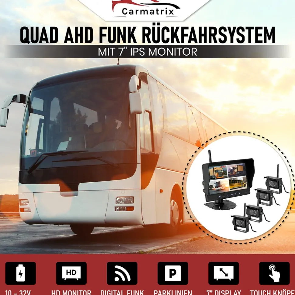 CARMATRIX AHD QUAD DVR 4 Kanal Funk Rückfahrsystem Digital Auto Wohnmobil Monitor mit Mikrofon (4 Kameras)