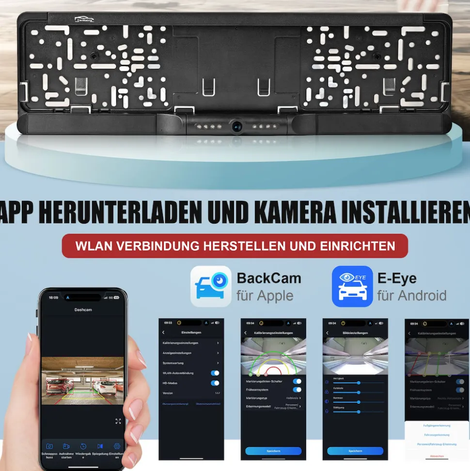 CARMATRIX Auto WLAN Rückfahrkamera KI Personenerkennung mit APP