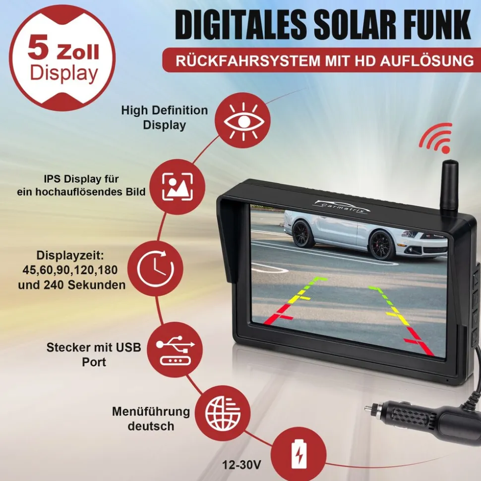 CARMATRIX DUO HD Solar Funk Rückfahrkamera mit 5" Monitor Rückfahrsystem für Front und Heck