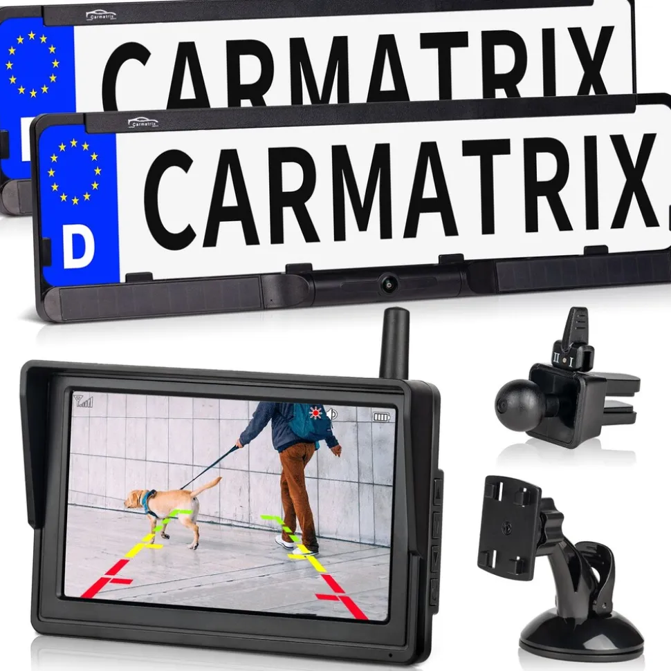 CARMATRIX DUO HD Solar Funk Rückfahrkamera mit 5" Monitor Rückfahrsystem für Front und Heck