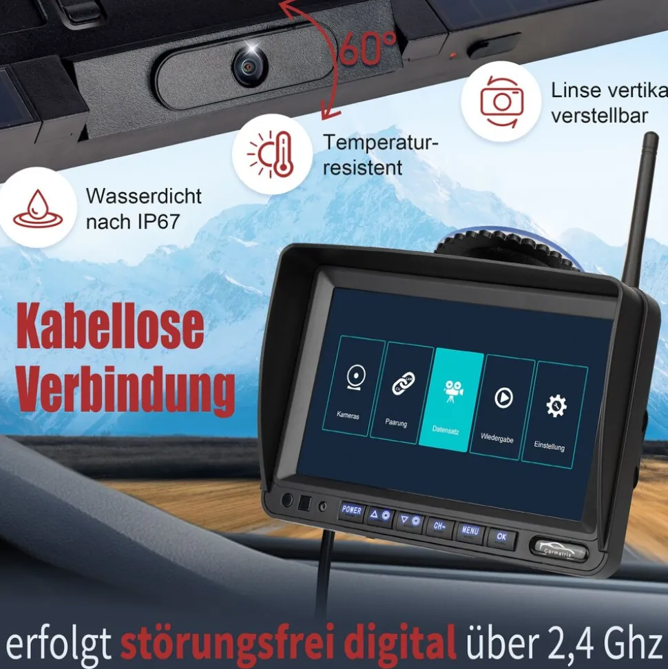 CARMATRIX DUO Solar Rückfahrsystem 7" Monitor HD Einparkhilfe für Wohnmobil, Nutzfahrzeug, Transporter