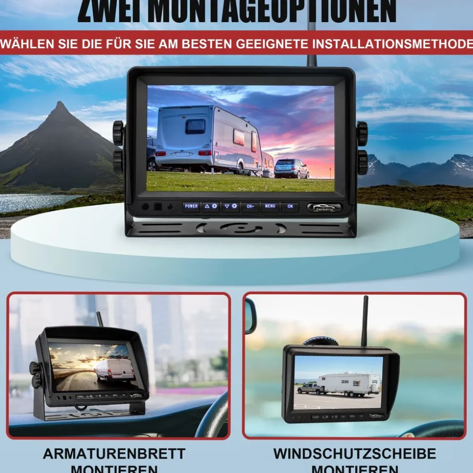 CARMATRIX DUO Solar Rückfahrsystem 7" Monitor HD Einparkhilfe für Wohnmobil, Nutzfahrzeug, Transporter