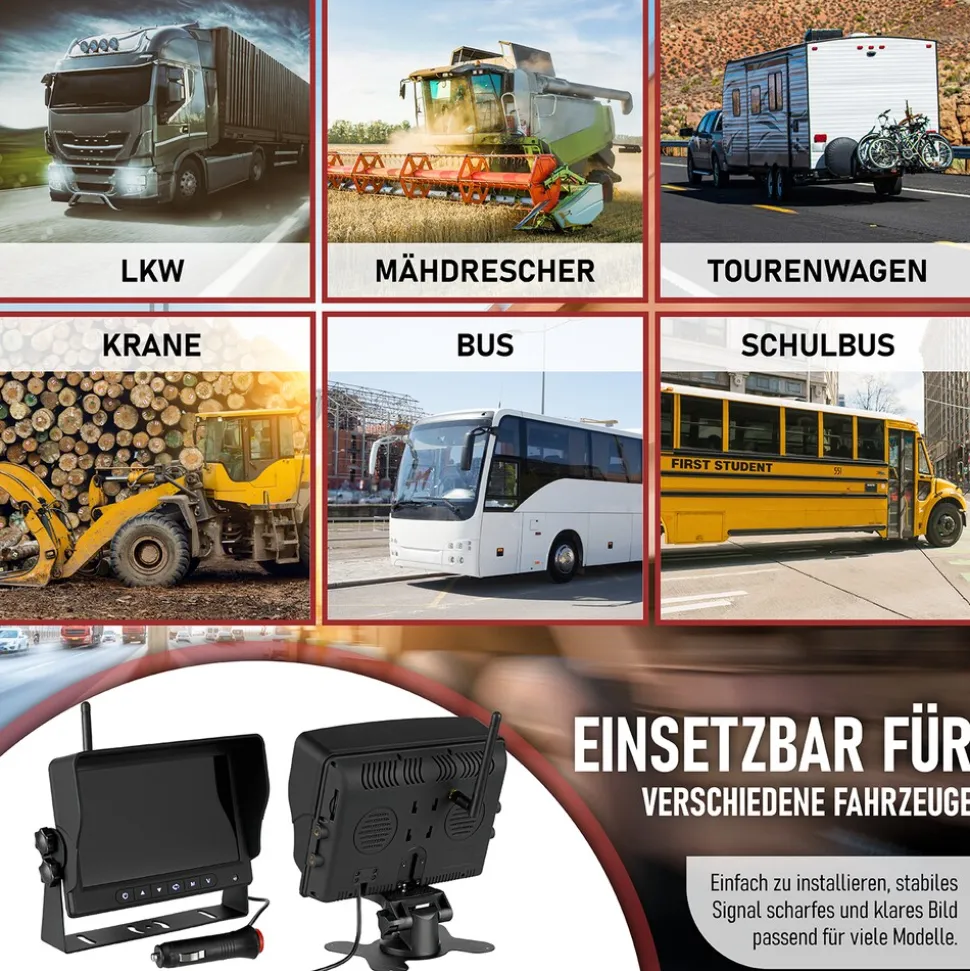 CARMATRIX HD Funk Rückfahrsystem Digital für LKW Wohnmobil Auto Transporter 7" Monitor mit Aufnahmefunktion, Mikrofon 2 Kameras