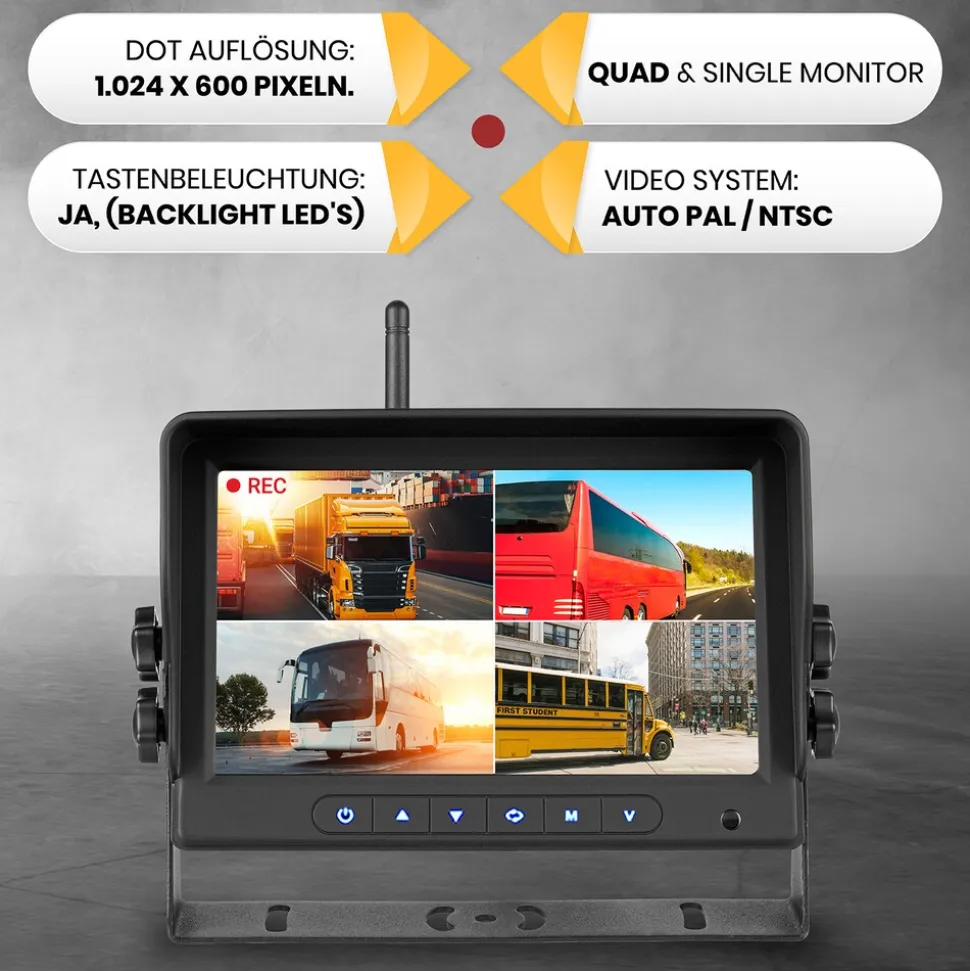 CARMATRIX HD Funk Rückfahrsystem Digital für LKW Wohnmobil Auto Transporter 7" Monitor mit Aufnahmefunktion, Mikrofon 2 Kameras