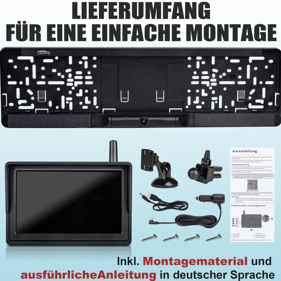 CARMATRIX HD Solar Funk Rückfahrkamera mit 5" Monitor Nummernschildkamera mit Solarpanel für vorne oder hinten