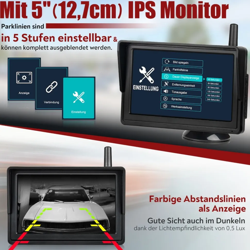 CARMATRIX HD Solar Funk Rückfahrkamera mit 5" Monitor Nummernschildkamera mit Solarpanel für vorne oder hinten