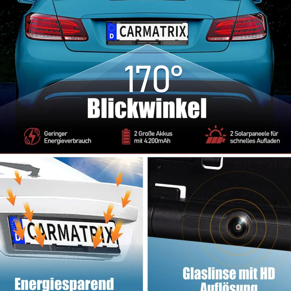 CARMATRIX HD Solar Funk Rückfahrkamera mit 5" Monitor Nummernschildkamera mit Solarpanel für vorne oder hinten