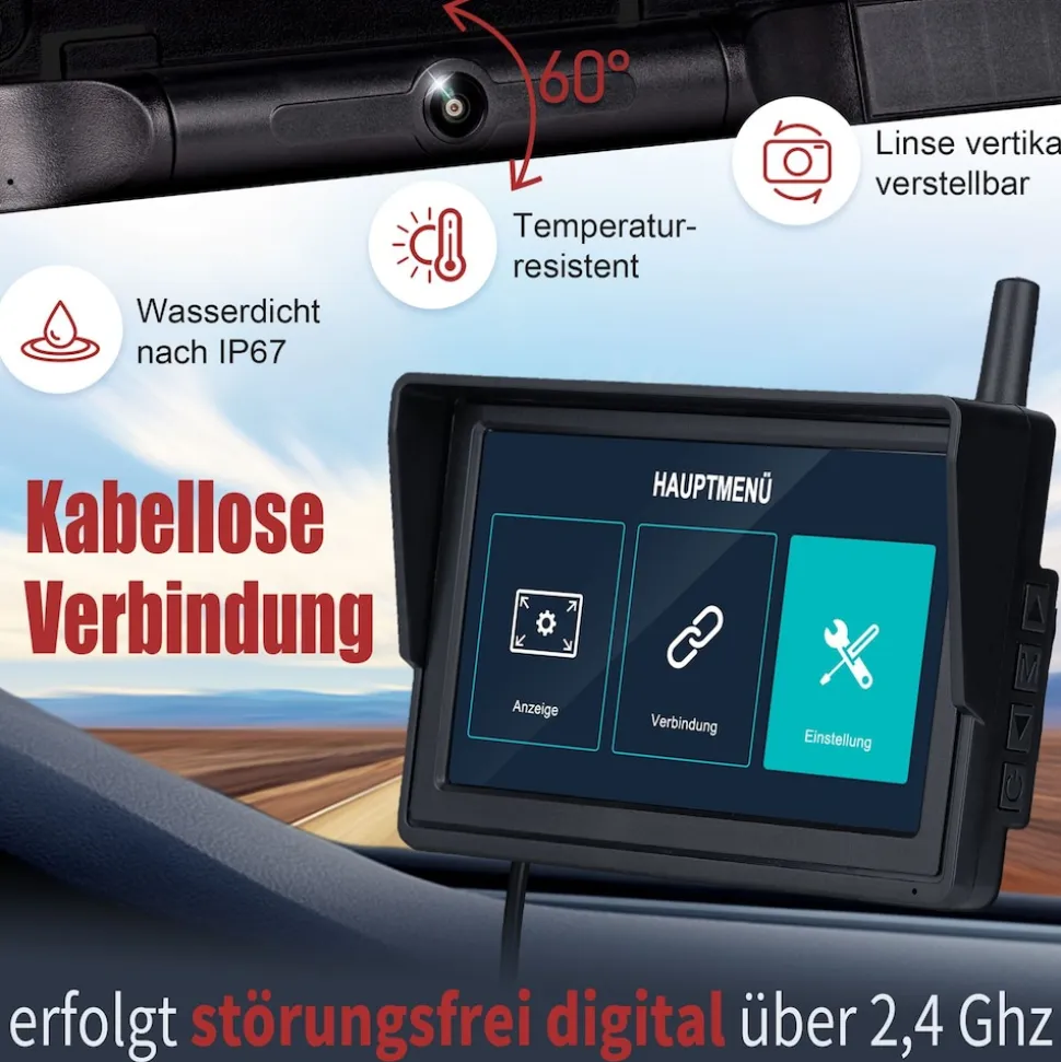 CARMATRIX HD Solar Funk Rückfahrkamera mit 5" Monitor Nummernschildkamera mit Solarpanel für vorne oder hinten