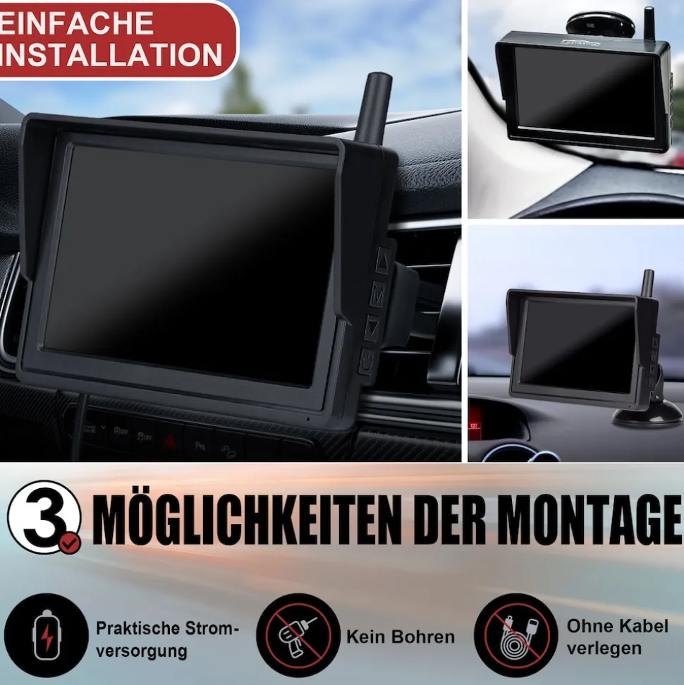 CARMATRIX HD Solar Funk Rückfahrkamera mit 5" Monitor Nummernschildkamera mit Solarpanel für vorne oder hinten