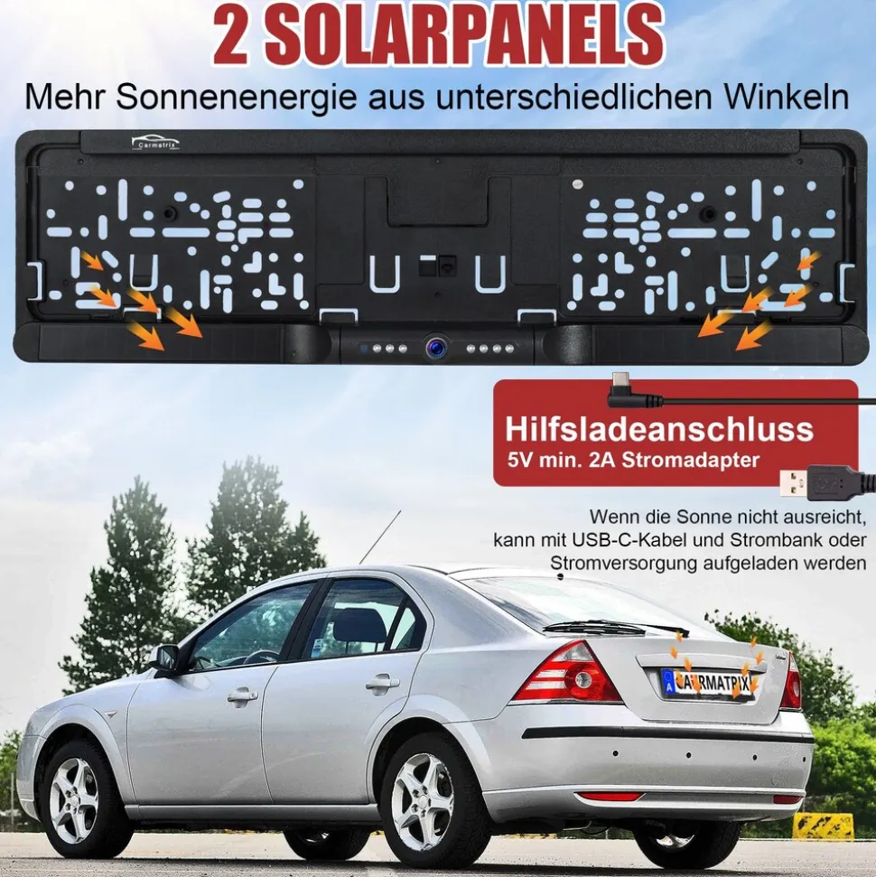 CARMATRIX Solar Auto WLAN Rückfahrkamera KI Personenerkennung
