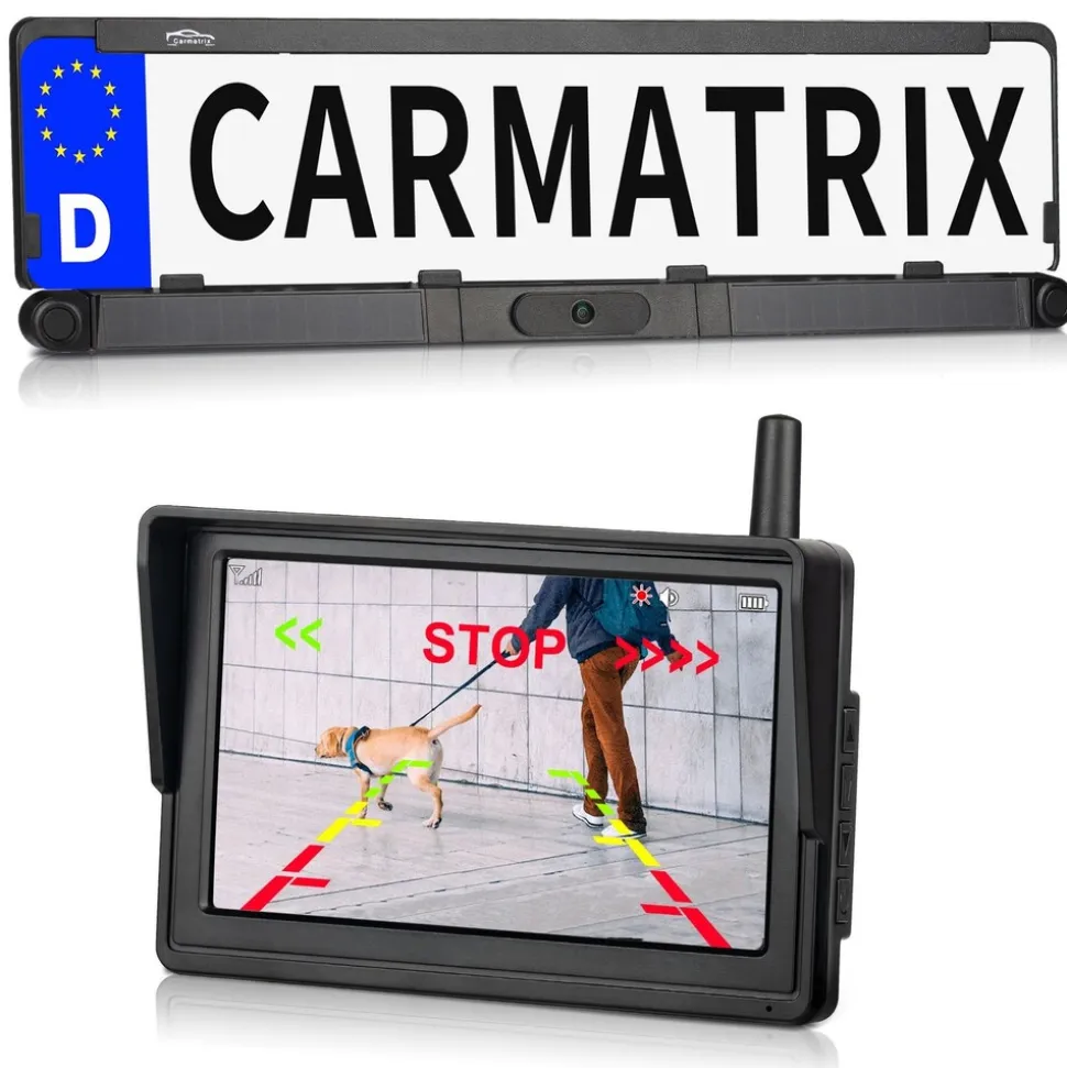 CARMATRIX Solar Funk Rückfahrsystem HD Rückfahrkamera im Nummernschild mit 2 PDC Sensoren Solarpanel