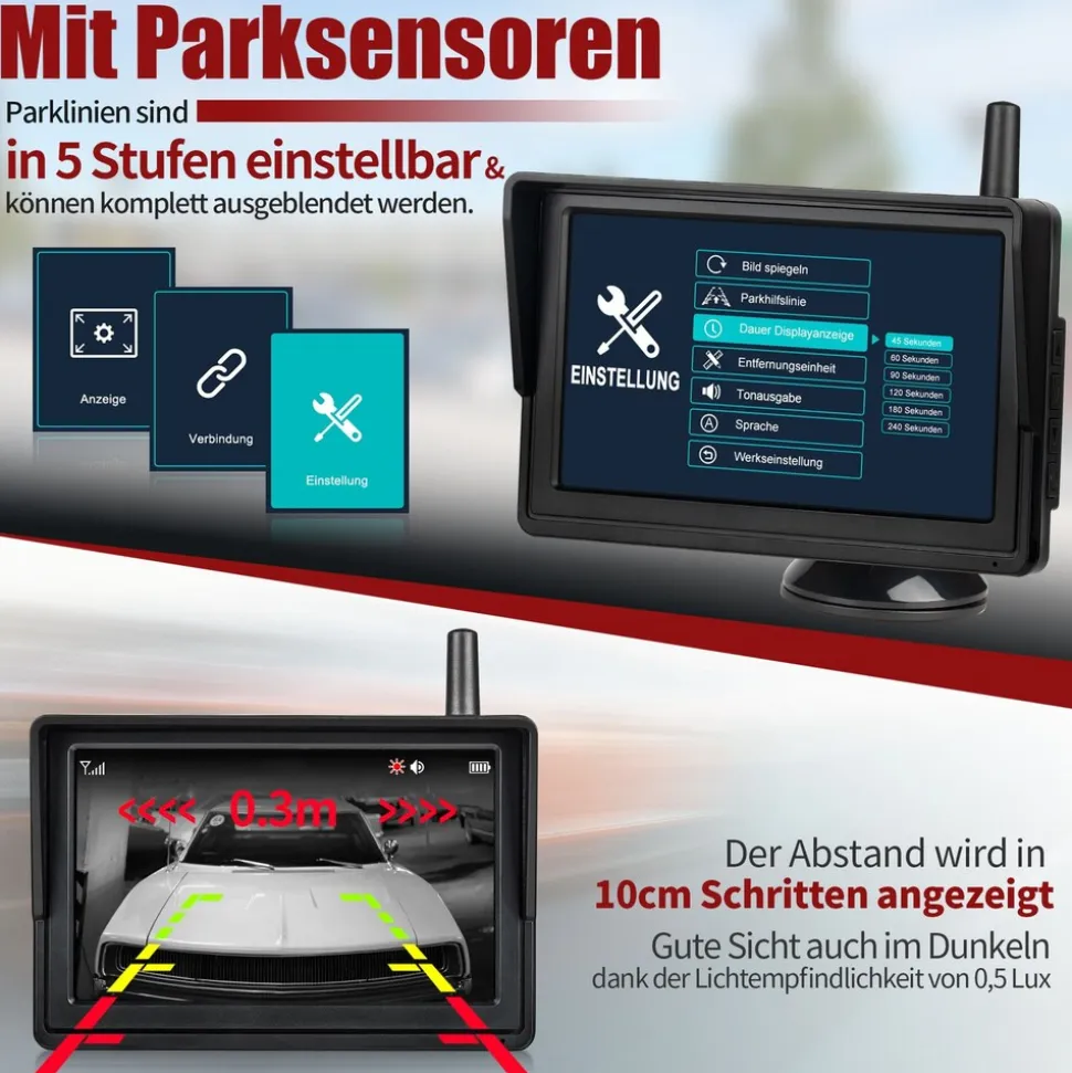 CARMATRIX Solar Funk Rückfahrsystem HD Rückfahrkamera im Nummernschild mit 2 PDC Sensoren Solarpanel